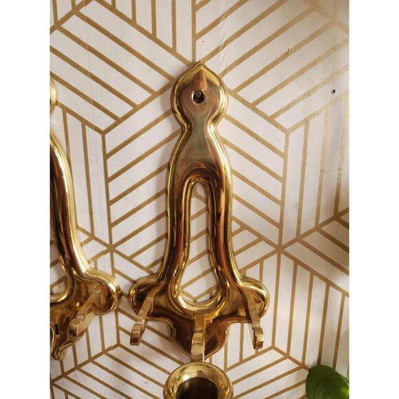 Vintage Pair Gold Brass Sconces Wall Hanging Candle Holder 11” With Plate Holder - Picture 9 of 12